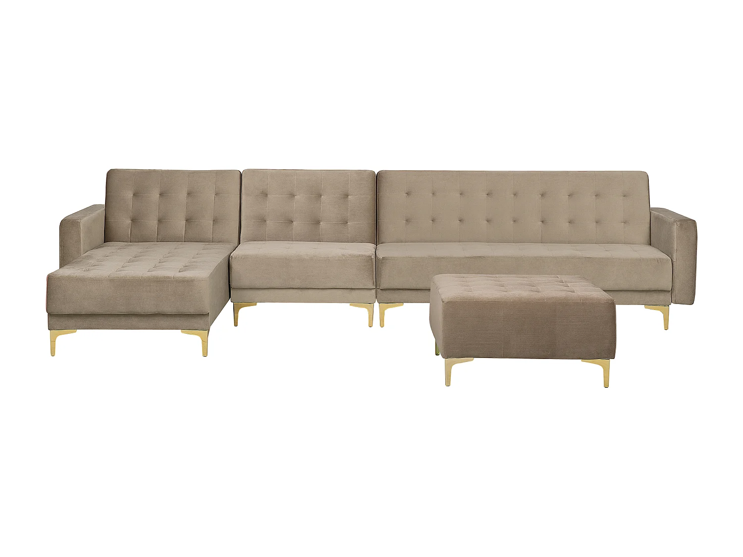 Canapé-lit d'angle modulable 5 places ABERDEEN Velours Beige sable avec ottoman Côté droit