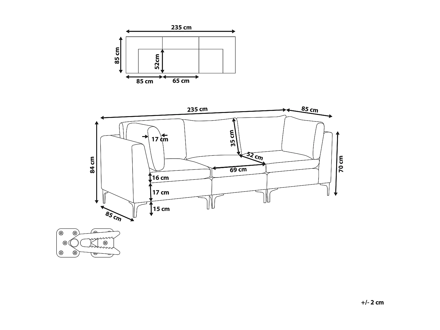 Modernes Modulsofa 3-Sitzer mit Polsterbezug aus Samtstoff in Grau Glamour Evja