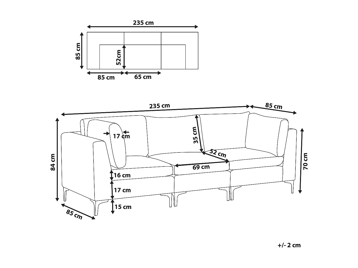 Sofá modular EVJA Veludo Cinzento 3 lugares