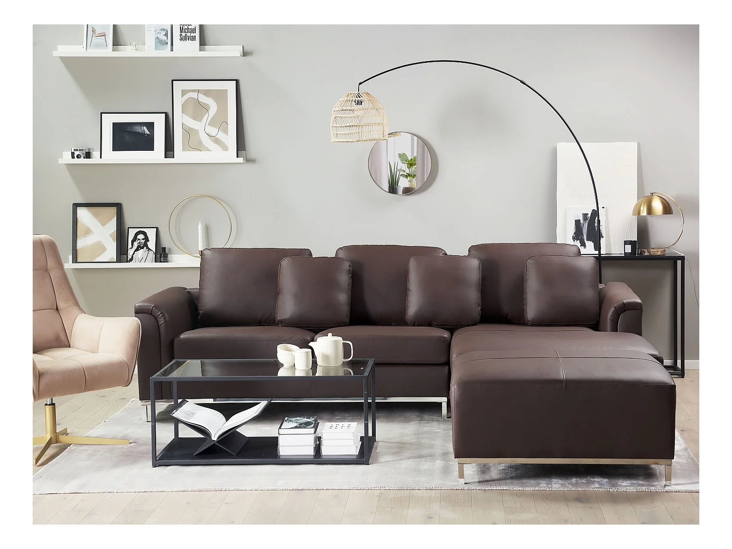 Canapé Angle à droite en Cuir Véritable Marron et Pouf Ottoman Housses Amovibles Oslo