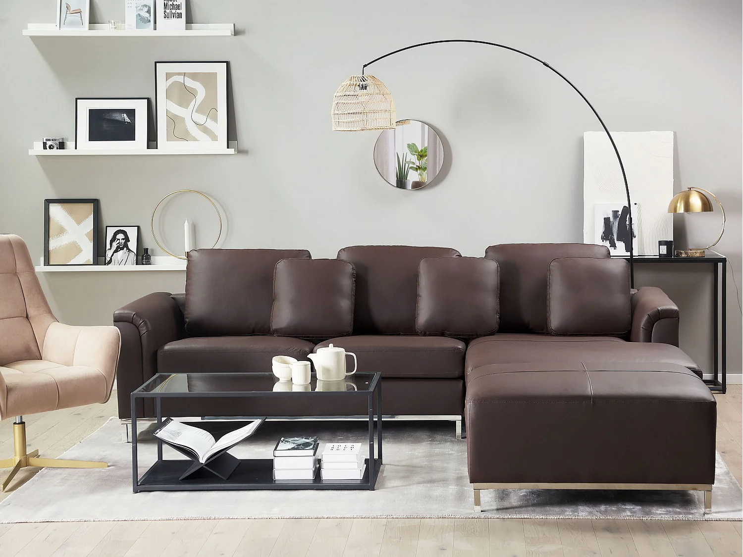Canapé d'angle OSLO Cuir Marron avec ottoman 5 places Côté gauche