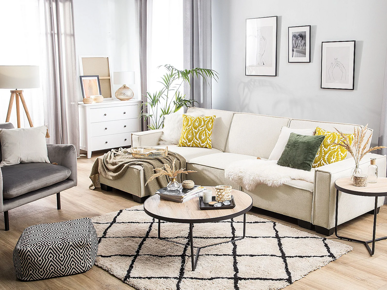 Sofá cama esquinero ROMEDAL Tela Beige 3 plazas Derecha