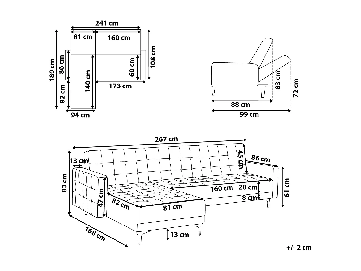 Sofá cama esquinero modular ABERDEEN Tela Gris oscuro 4 plazas Derecha