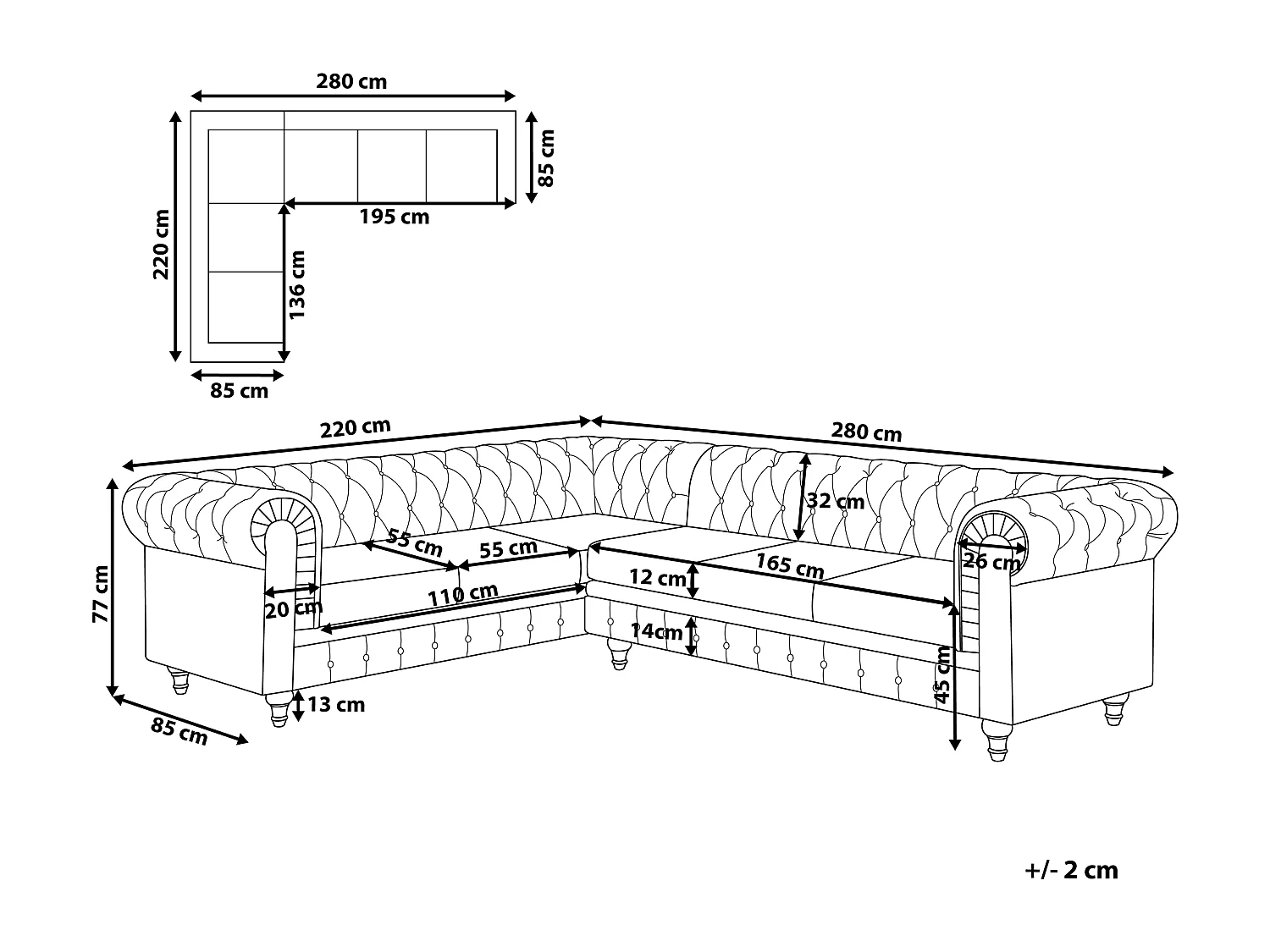 Narożnik CHESTERFIELD Szary dla 6 osób Prawostronny