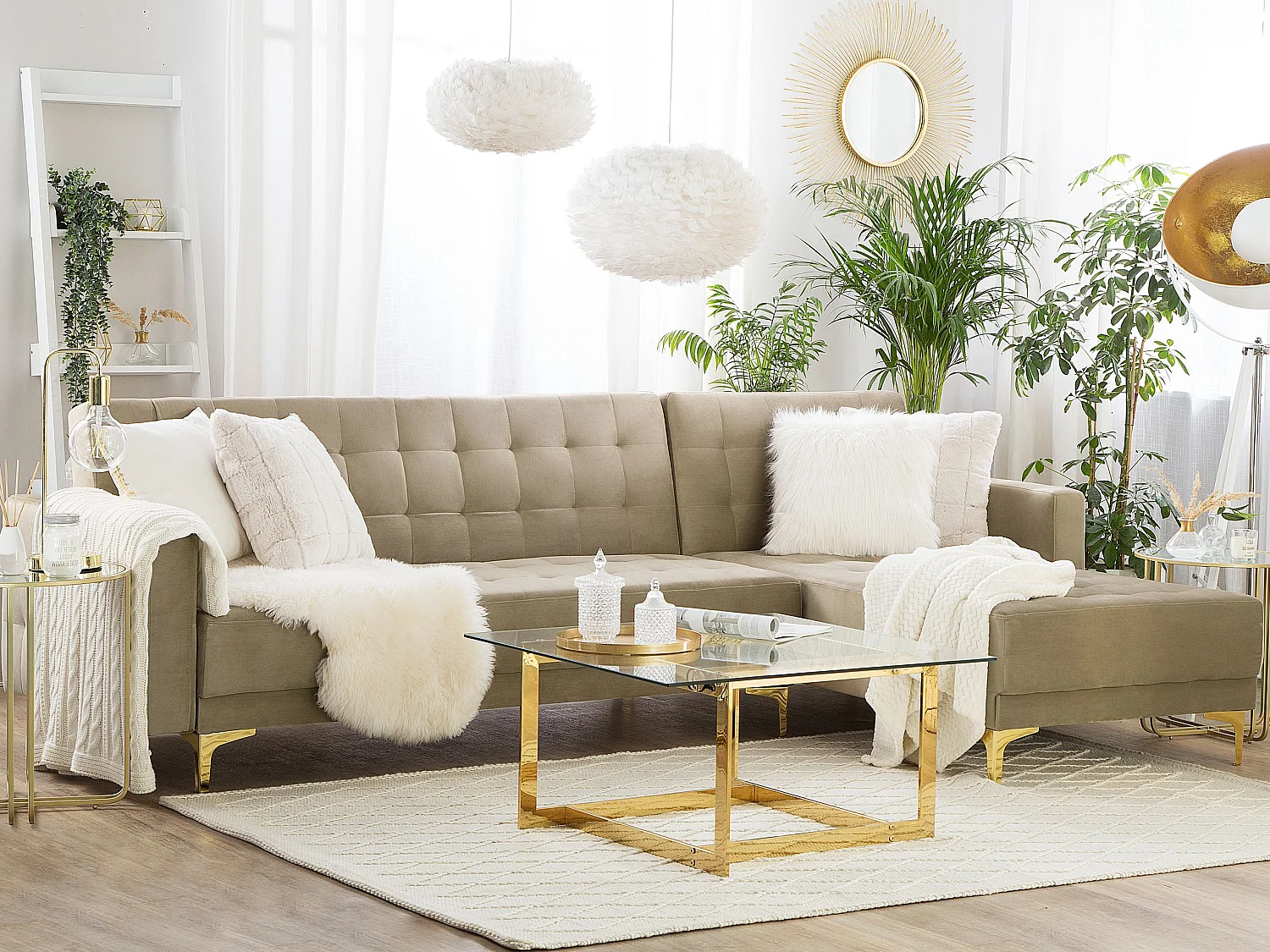 Canapé-lit d'angle modulable ABERDEEN Velours Beige sable 4 places Côté gauche