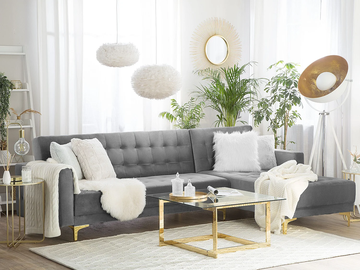 Canapé Angle à droite en Velours Gris Elégant 4 Places Dossier Réglable Aberdeen