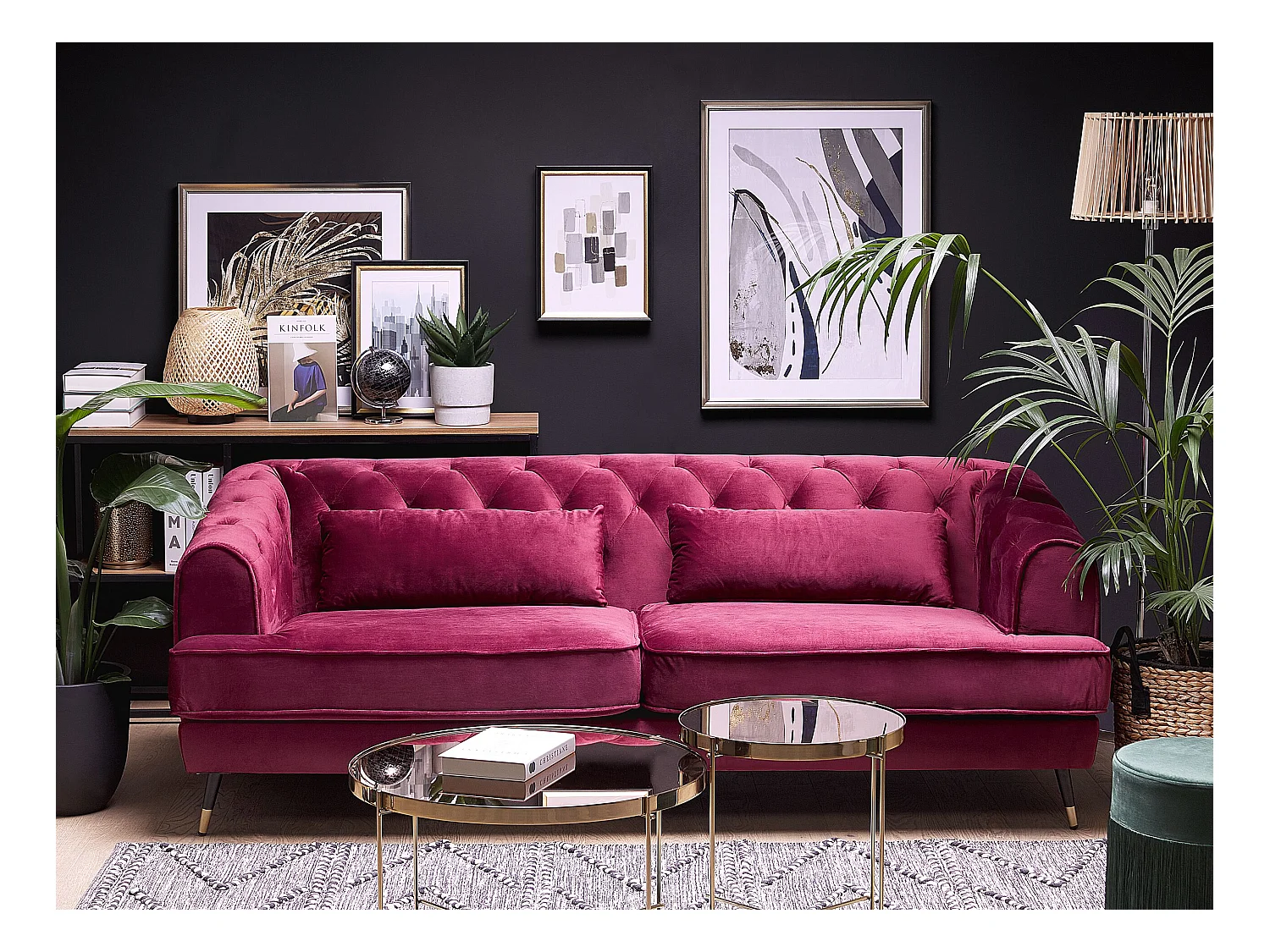 Retro Samt 3-Sitzer Sofa Burgunderrot Chesterfield Stil mit Kissen Sletta