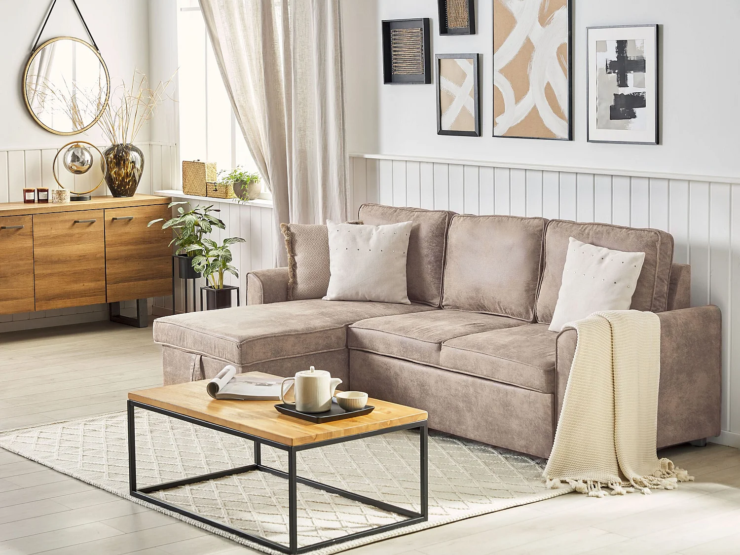 Hoekslaapbank NESNA Kunstleer Bruin met opbergruimte 3-zitter Rechterzijde