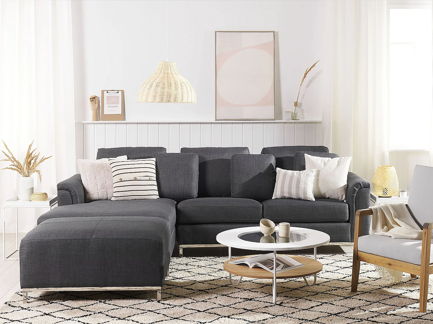 Canapé d'angle OSLO Tissu Gris foncé avec ottoman 5 places Côté droit
