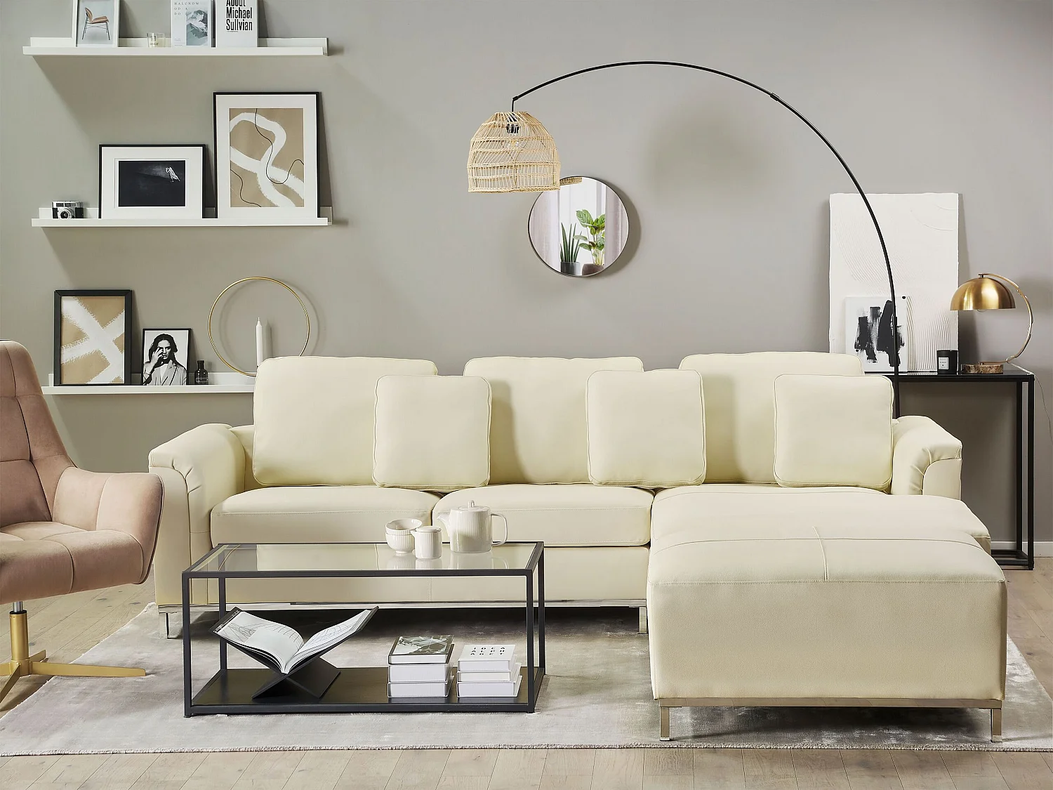 Canapé Angle à droite en Cuir Véritable Beige et Pouf Ottoman Housses Amovibles Oslo