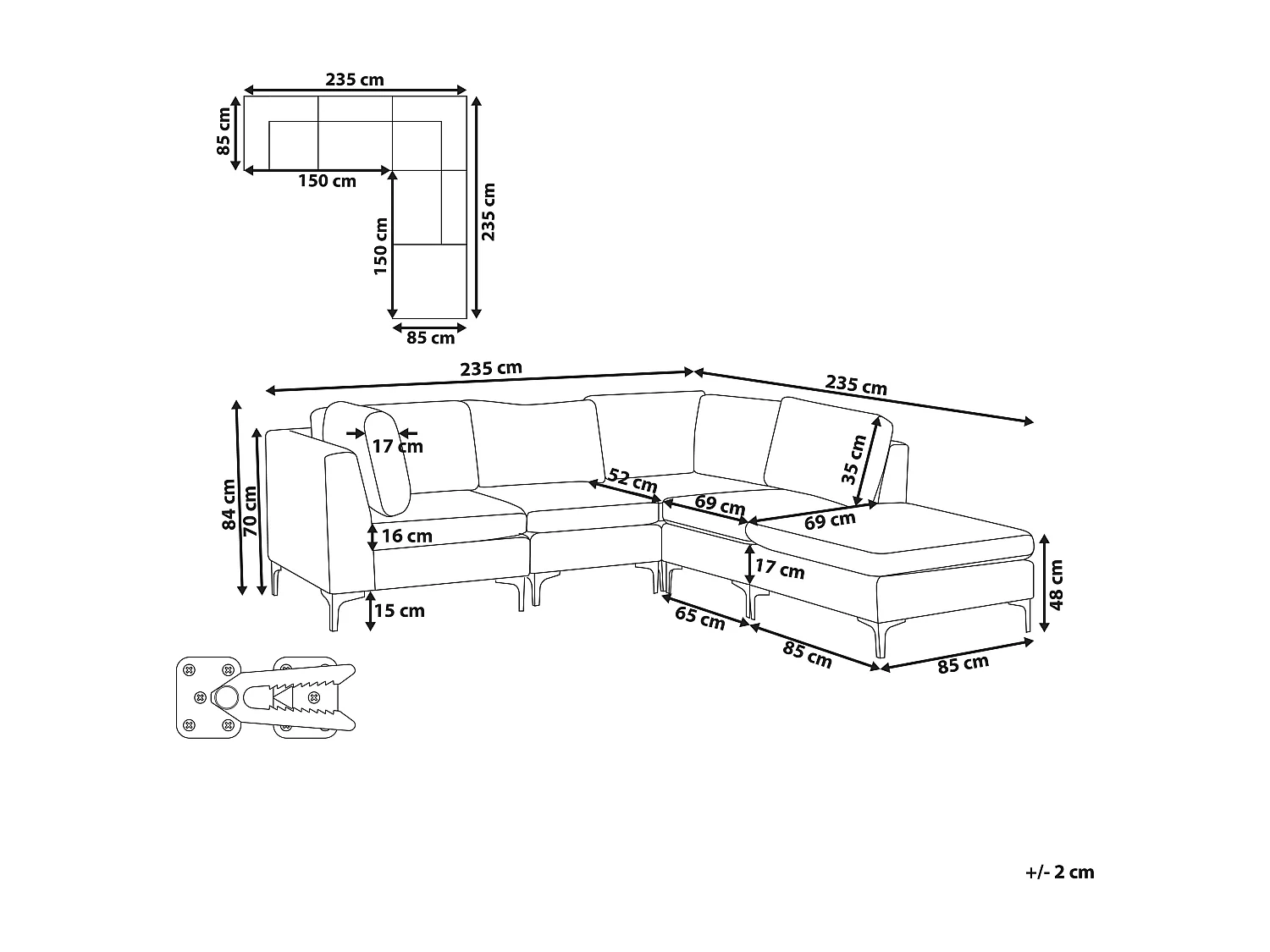 Modulaire hoekbank EVJA Fluweel Groen Met ottomaan 4-zitter Linkerzijde