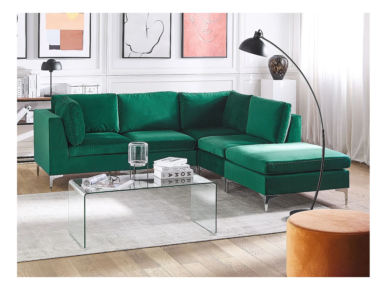 Modulaire hoekbank EVJA Fluweel Groen Met ottomaan 4-zitter Linkerzijde