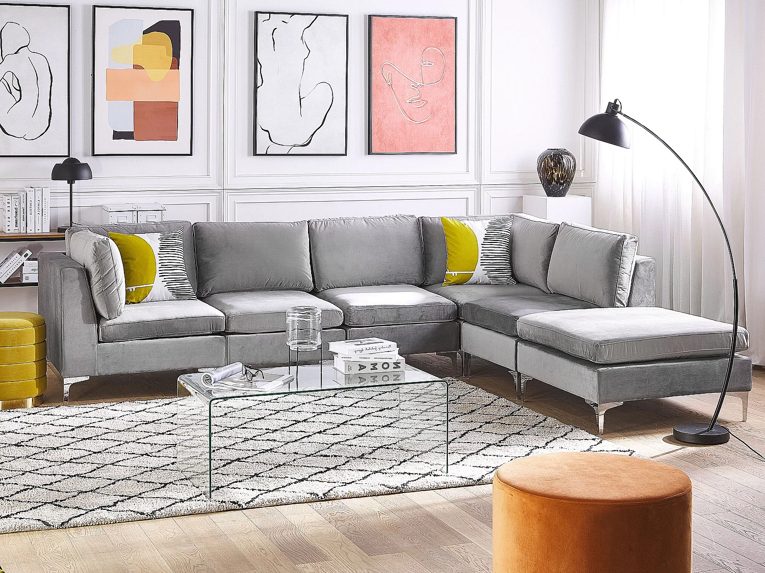 Canapé d'Angle Modulable - Evja - Côté Gauche, 5 Modules et Pouf, en Velours, Gris