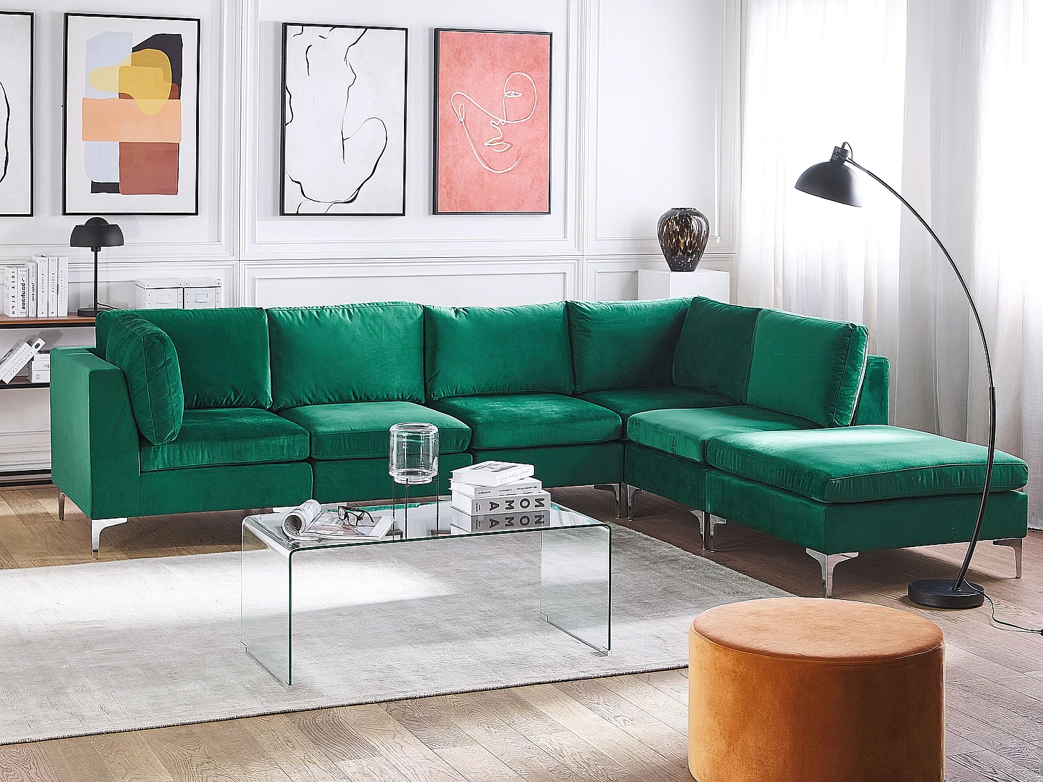 Modulaire hoekbank EVJA Fluweel Groen Met ottomaan 5-zitter Linkerzijde