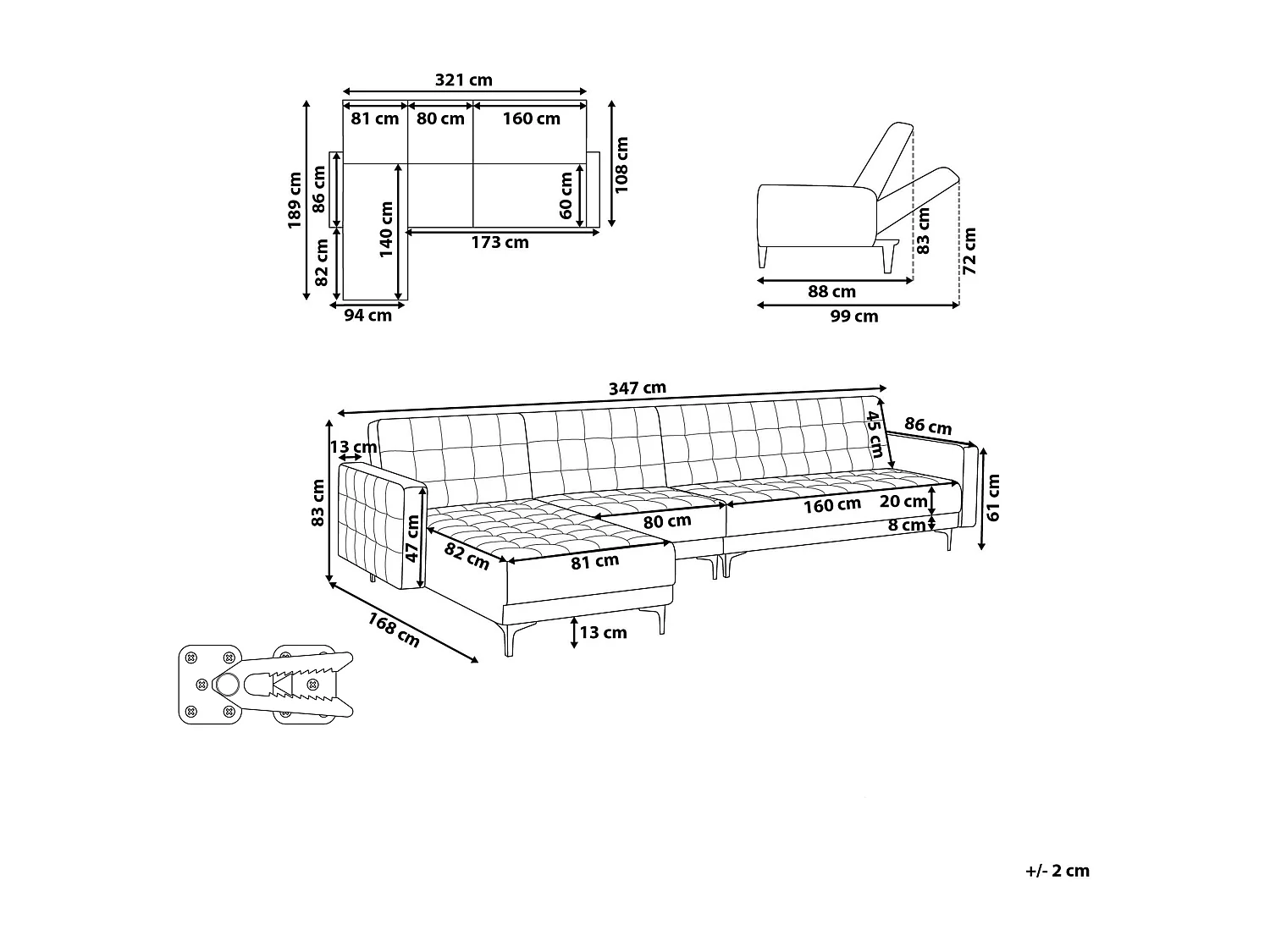 Divano letto angolare modulare ABERDEEN Tessuto Grigio grafite 5 posti Lato destro