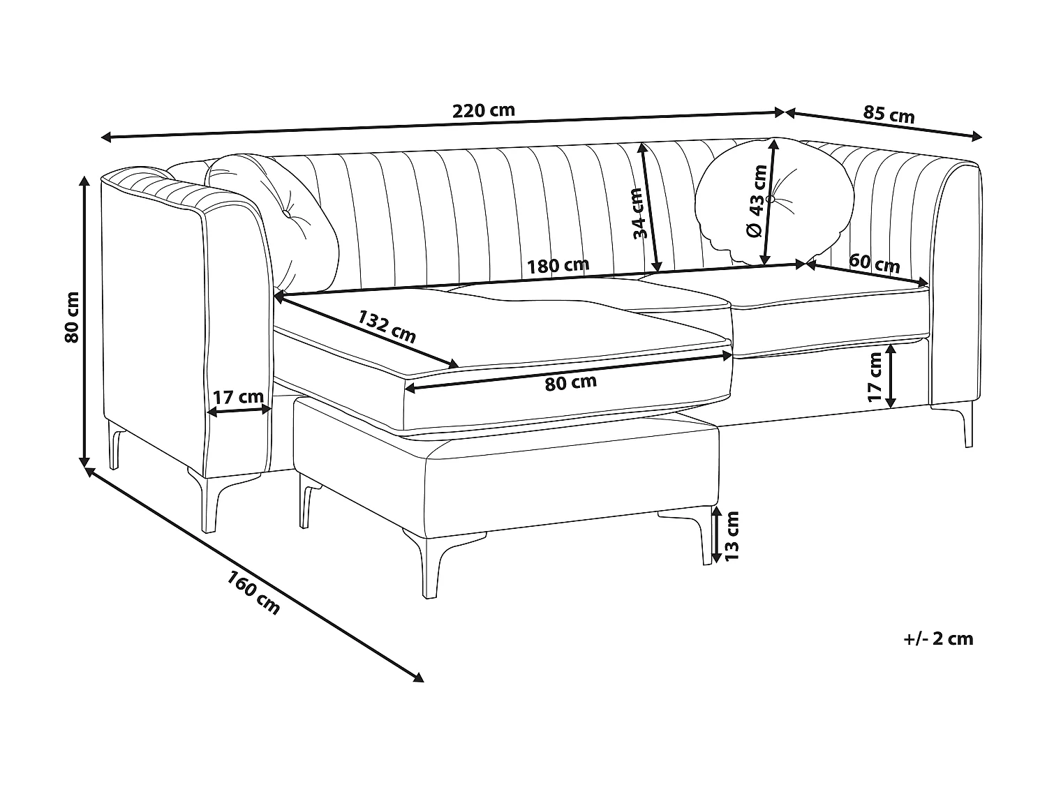 Hoekbank TIMRA Fluweel Marineblauw 3-zitter Rechterzijde
