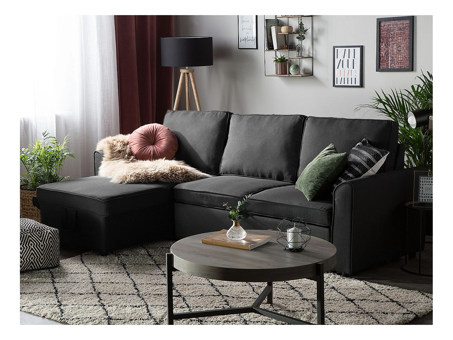 Divano letto angolare NESNA Tessuto Nero con contenitore 3 posti Lato destro