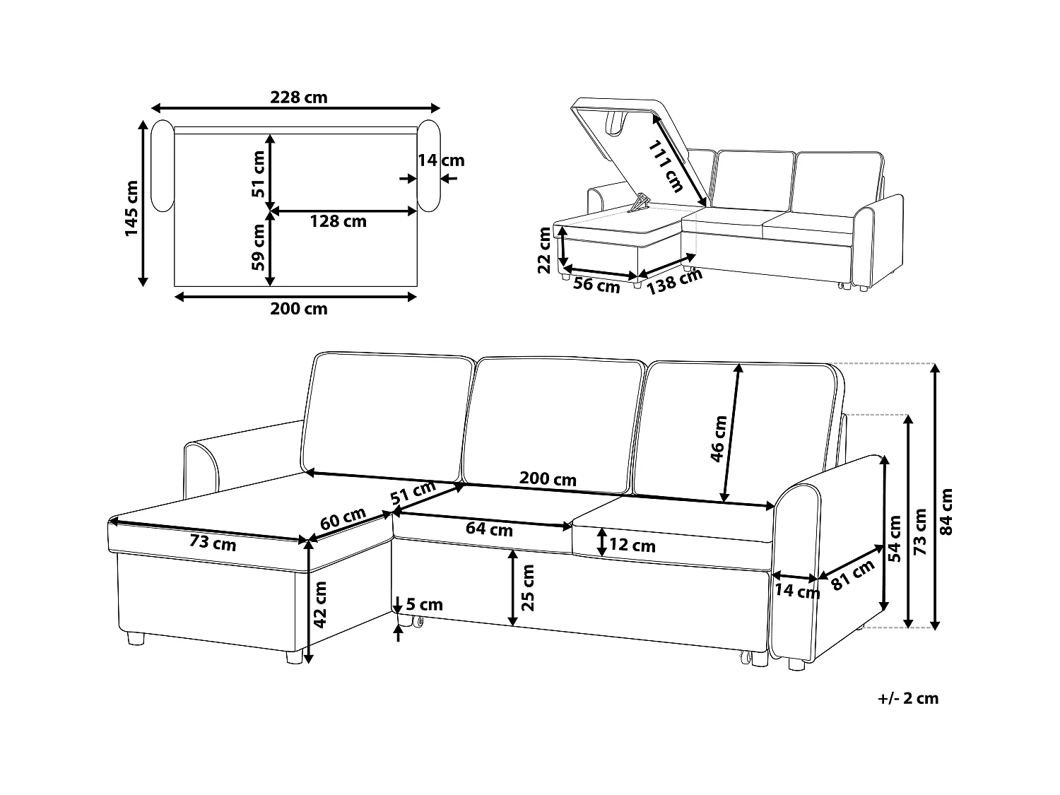 Divano letto angolare NESNA Tessuto Nero con contenitore 3 posti Lato destro