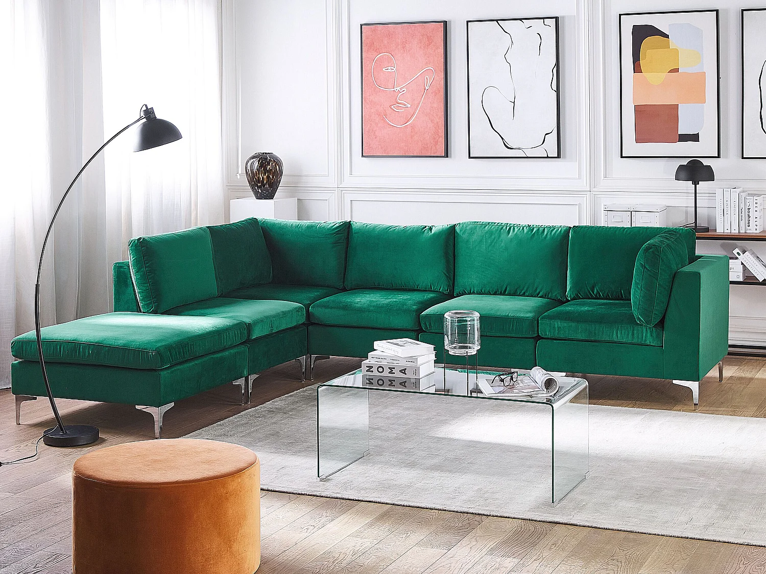 Modulaire hoekbank EVJA Fluweel Groen Met ottomaan 5-zitter Rechterzijde