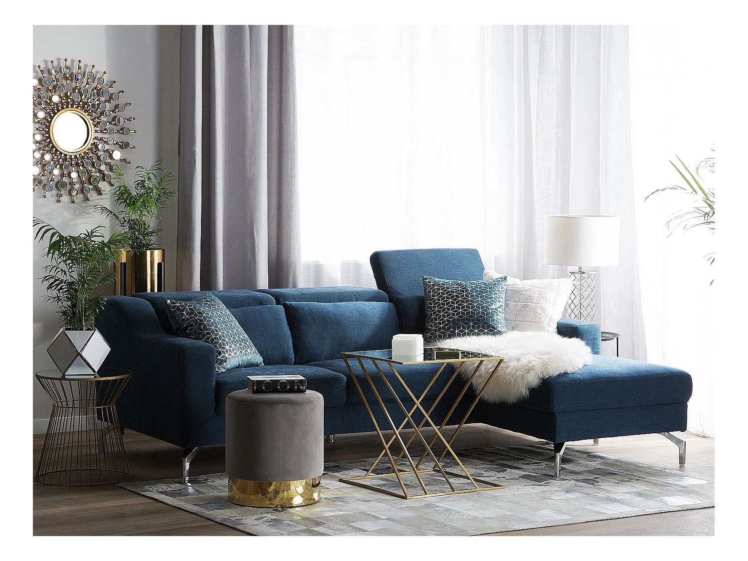 4-Sitzer Ecksofa L-Form Stoffbezug blau mit Chaiselongue links 3 Kissen Glosli