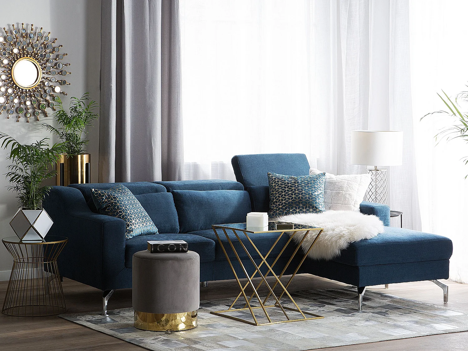 4-Sitzer Ecksofa L-Form Stoffbezug blau mit Chaiselongue links 3 Kissen Glosli