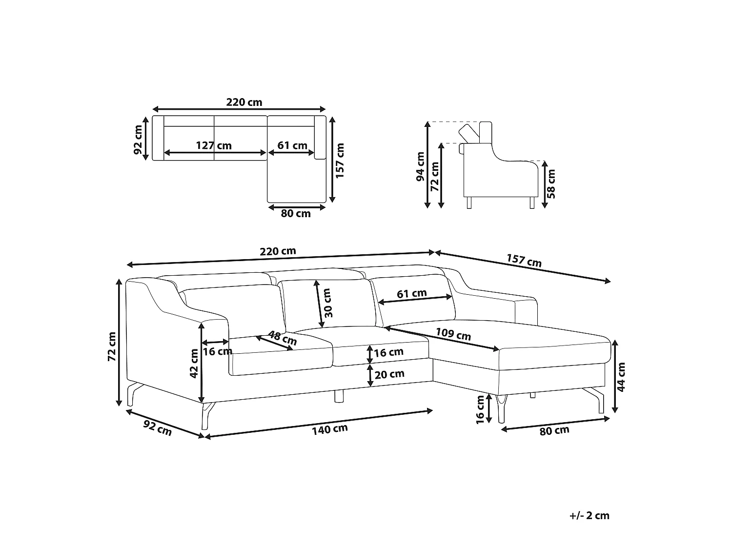 4-Sitzer Ecksofa L-Form Stoffbezug blau mit Chaiselongue links 3 Kissen Glosli