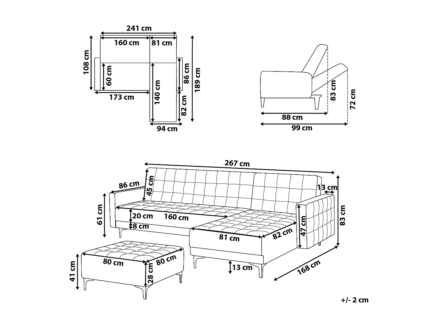 Canapé-lit d'angle modulable ABERDEEN Tissu Gris graphite avec ottoman 4 places Côté droite