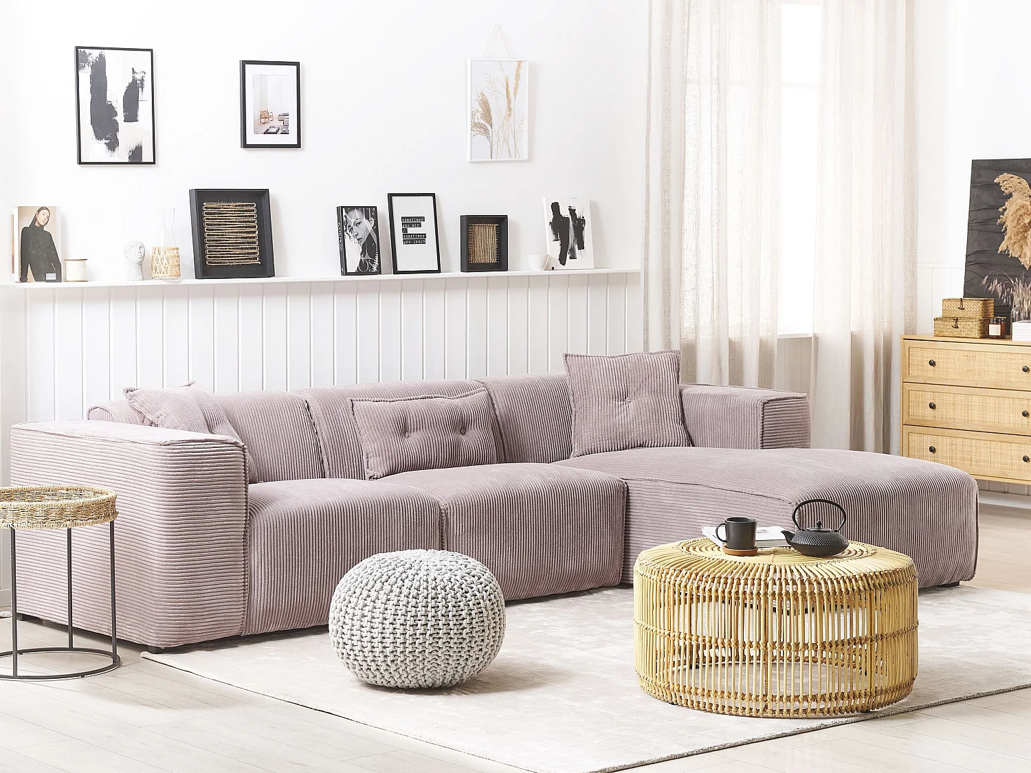 Canapé d'Angle 3 Places - Dolva - Côté Gauche, en Velours Côtelé, Gris Taupe