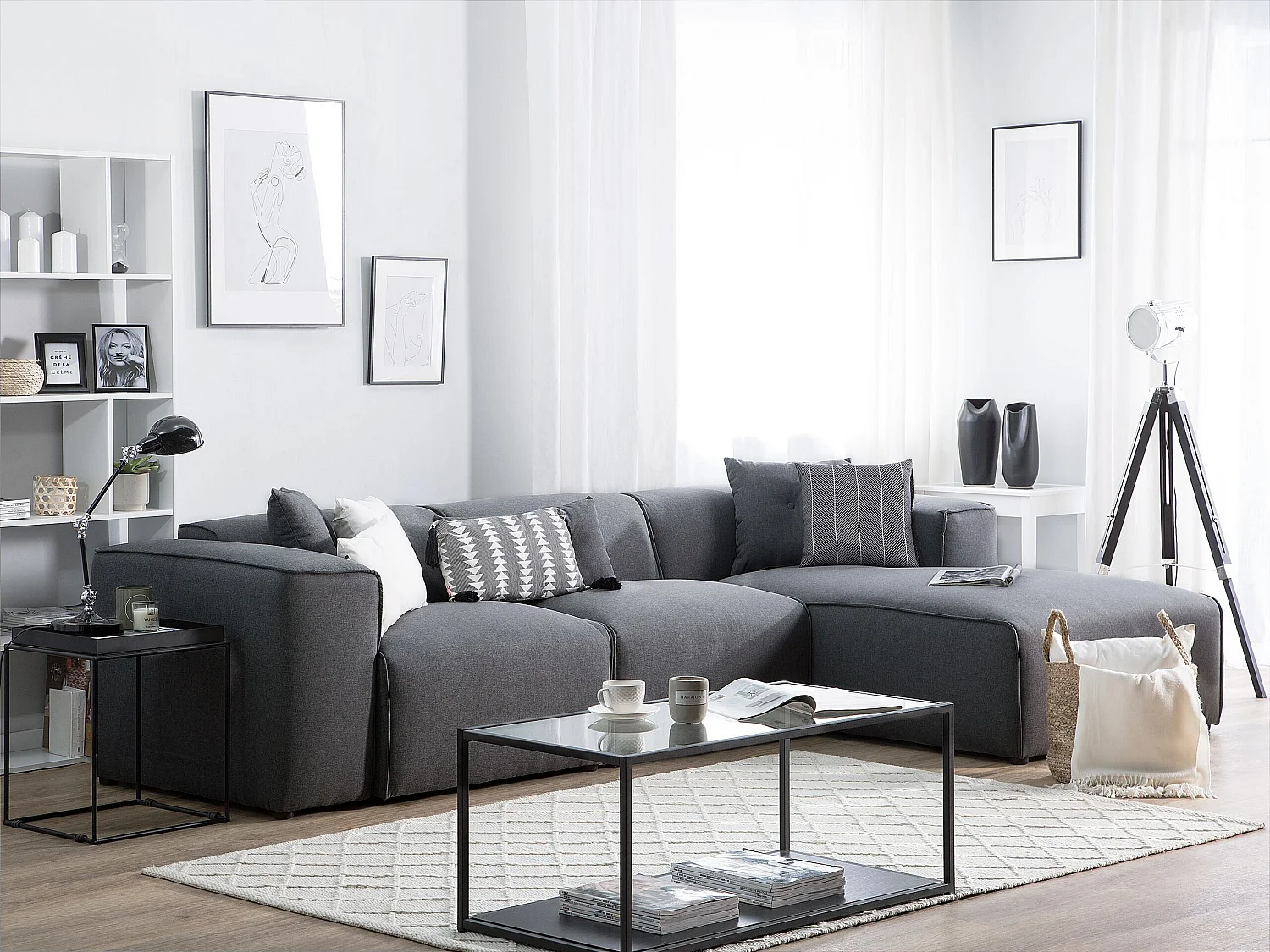 Canapé angle en tissu gris foncé 3 places DOLVA
