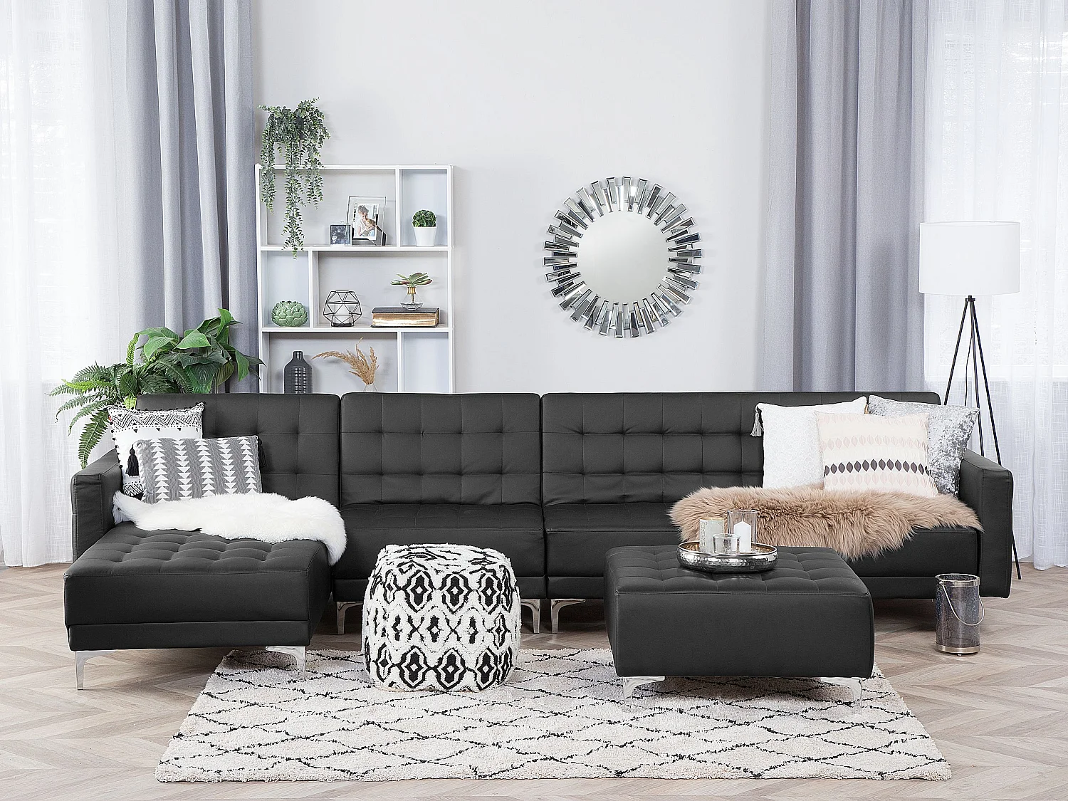 Canapé-lit d'angle modulable ABERDEEN Cuir PU Noir avec ottoman 5 places Côté droit