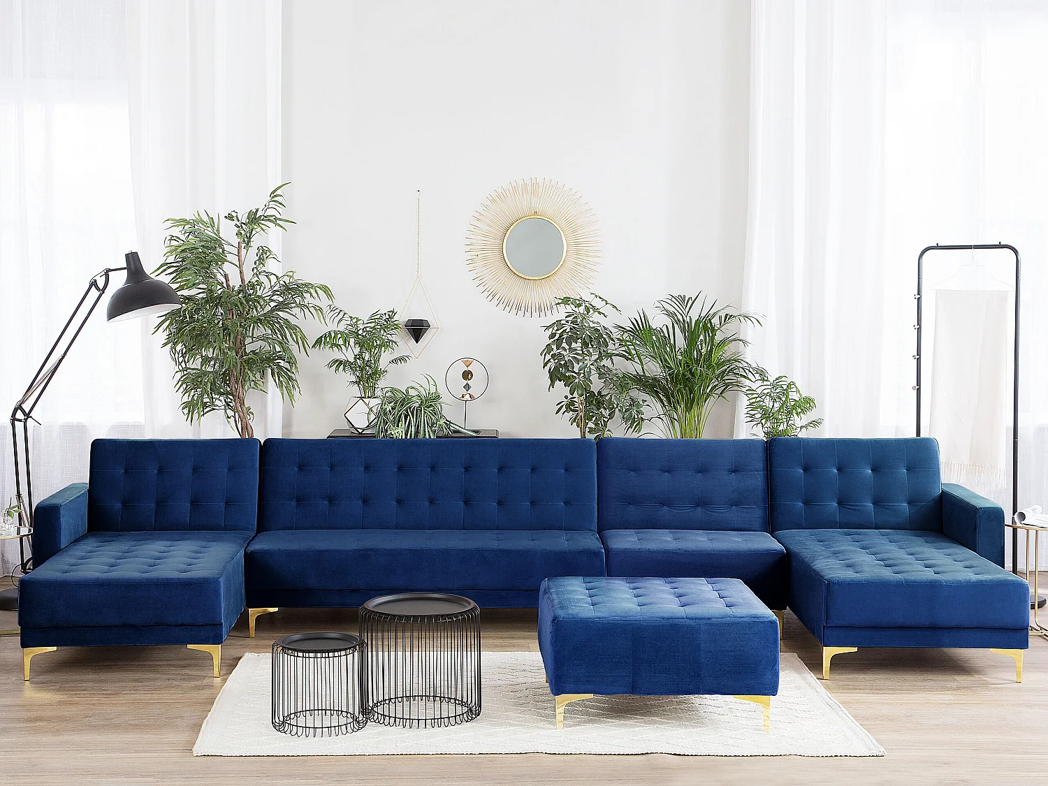 Canapé-lit modulable en forme de U 6 places ABERDEEN Velours Bleu marine avec ottoman