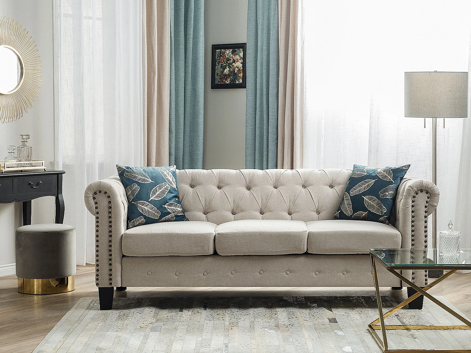 Canapé 3 places CHESTERFIELD Tissu Beige