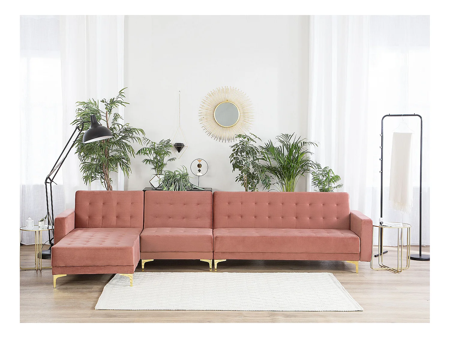 Sofá-cama de canto modular ABERDEEN Veludo Rosa 5 lugares à direita