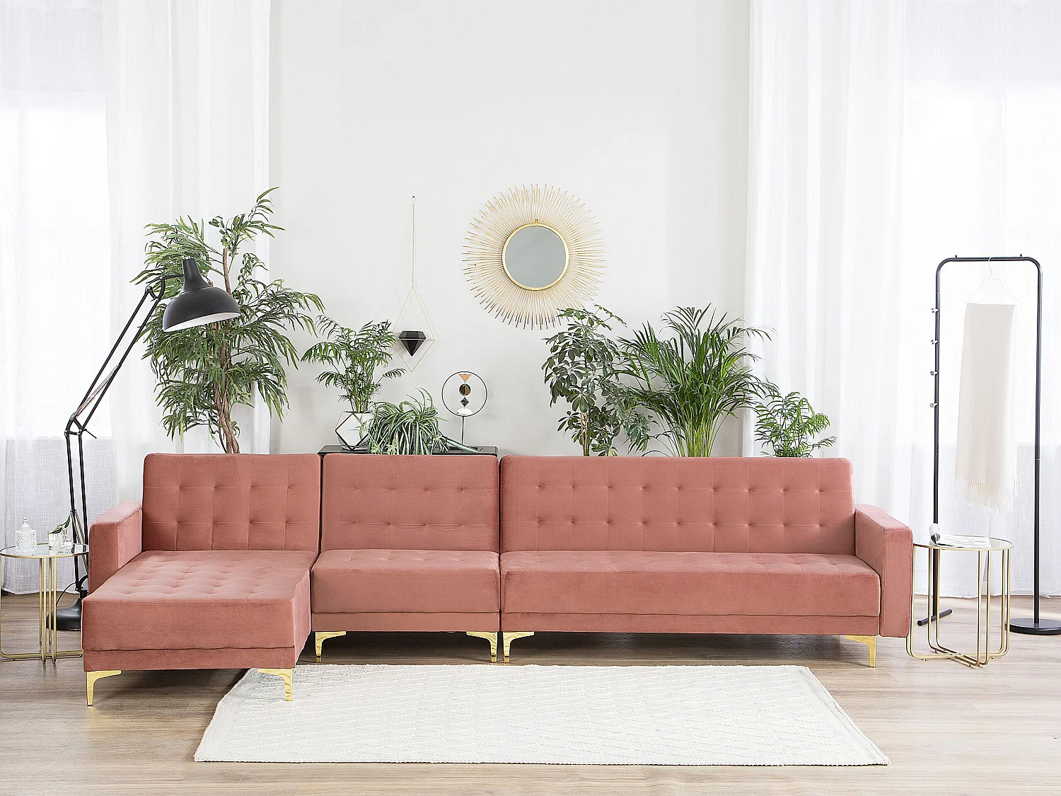 Sofá-cama de canto modular ABERDEEN Veludo Rosa 5 lugares à direita