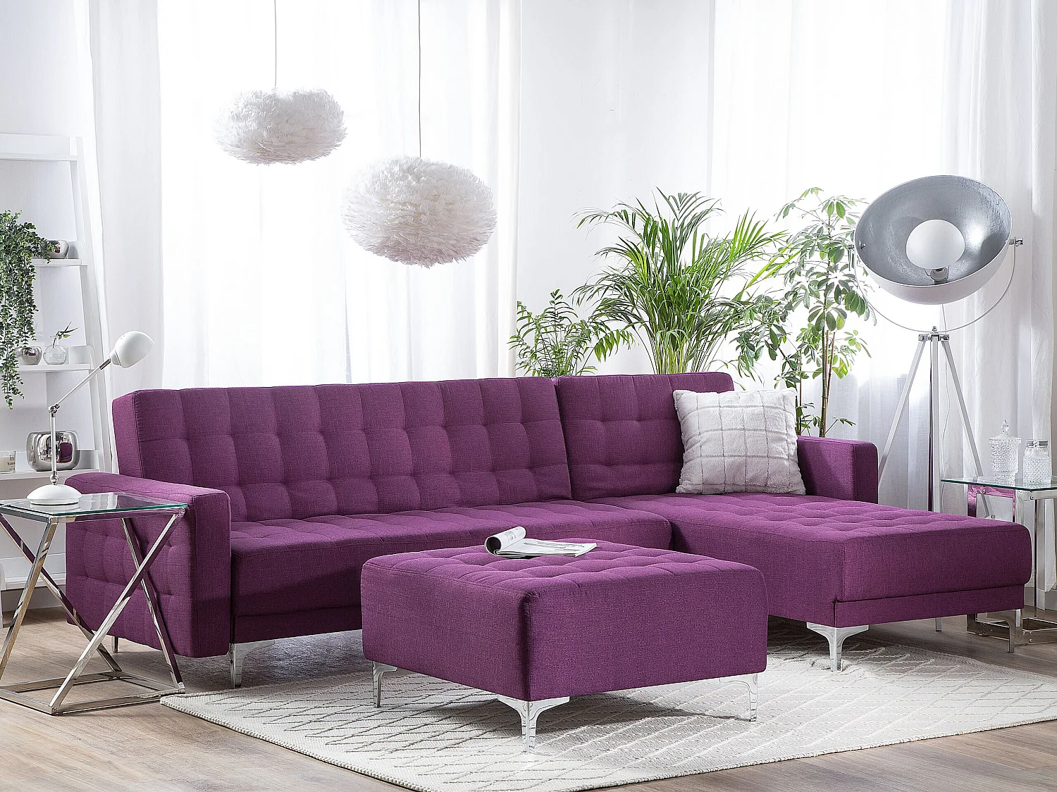 Canapé-lit d'angle modulable 4 places ABERDEEN Tissu Violet avec ottoman Côté droite