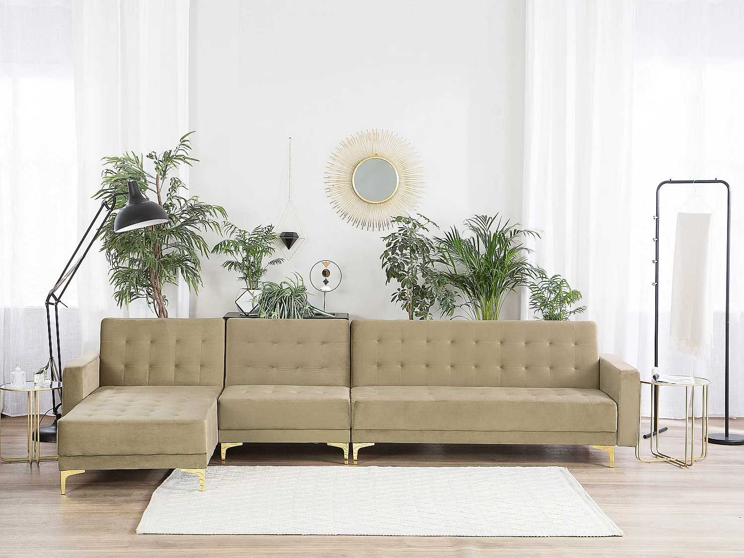 Canapé-lit d'angle modulable 5 places ABERDEEN Velours Beige sable Côté droit