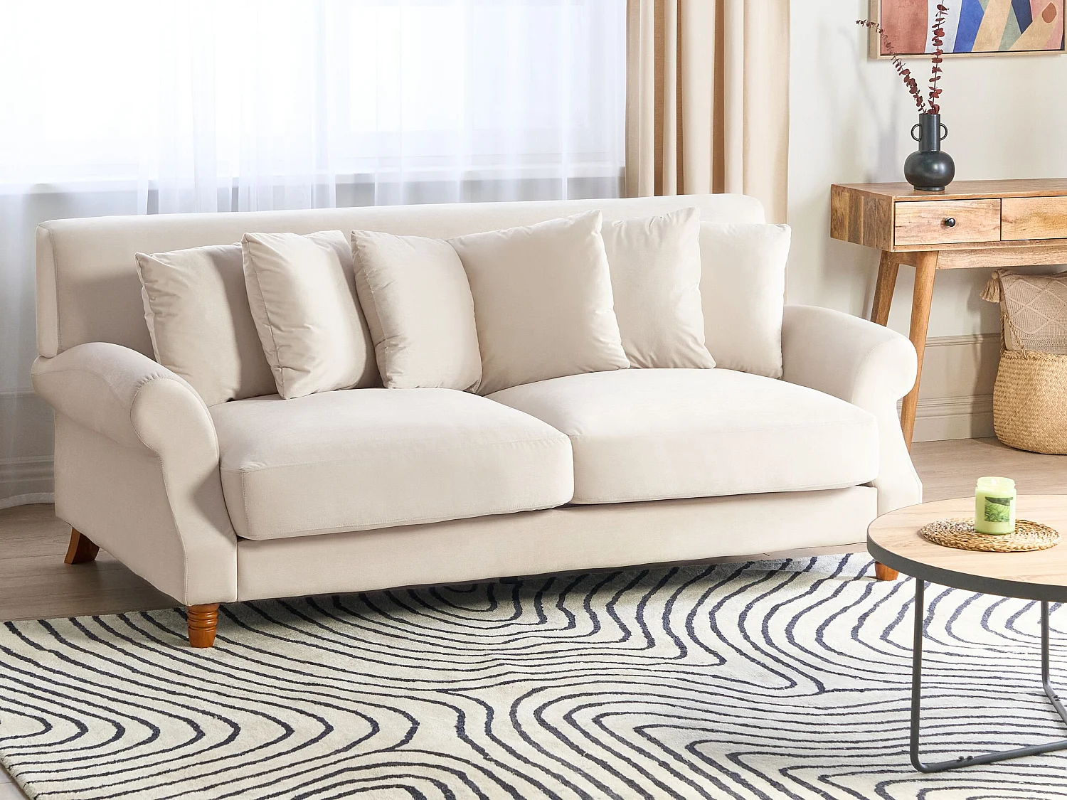 2-Sitzer Sofa Samt weiß mit mehreren Kissen Polstersofa Retro-Stil Eike
