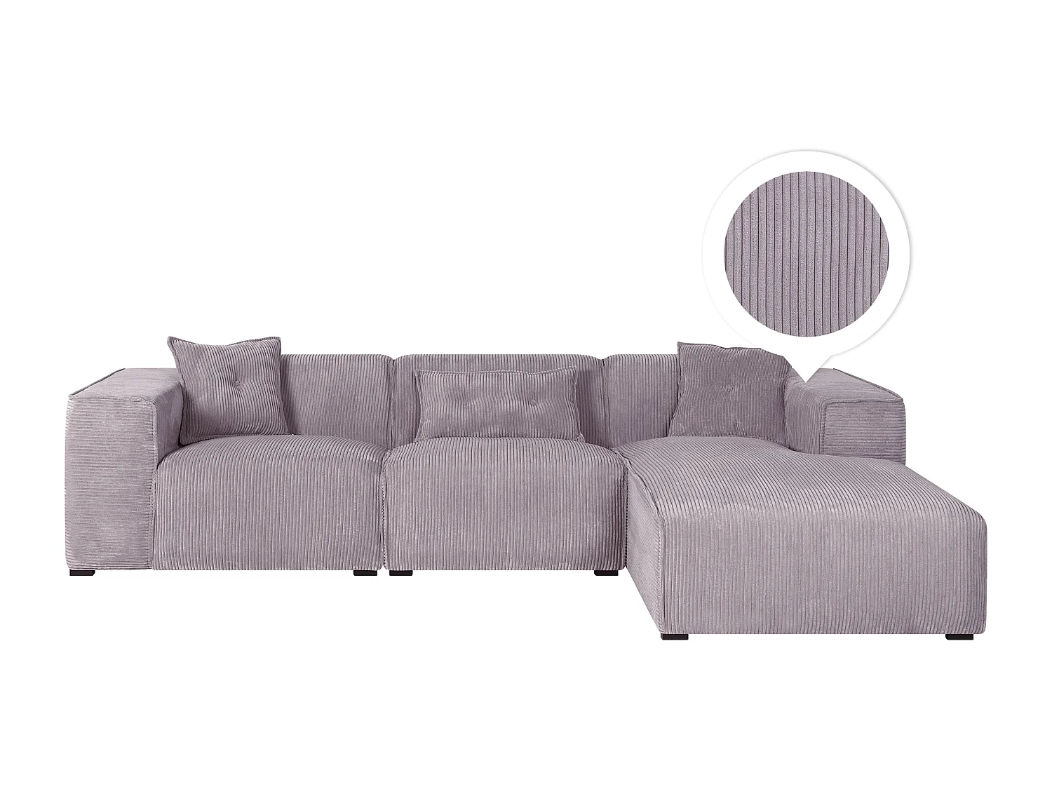 Modernes Ecksofa in Grau mit 3 Zierkissen mit Cordbezug Eckcouch Dolva