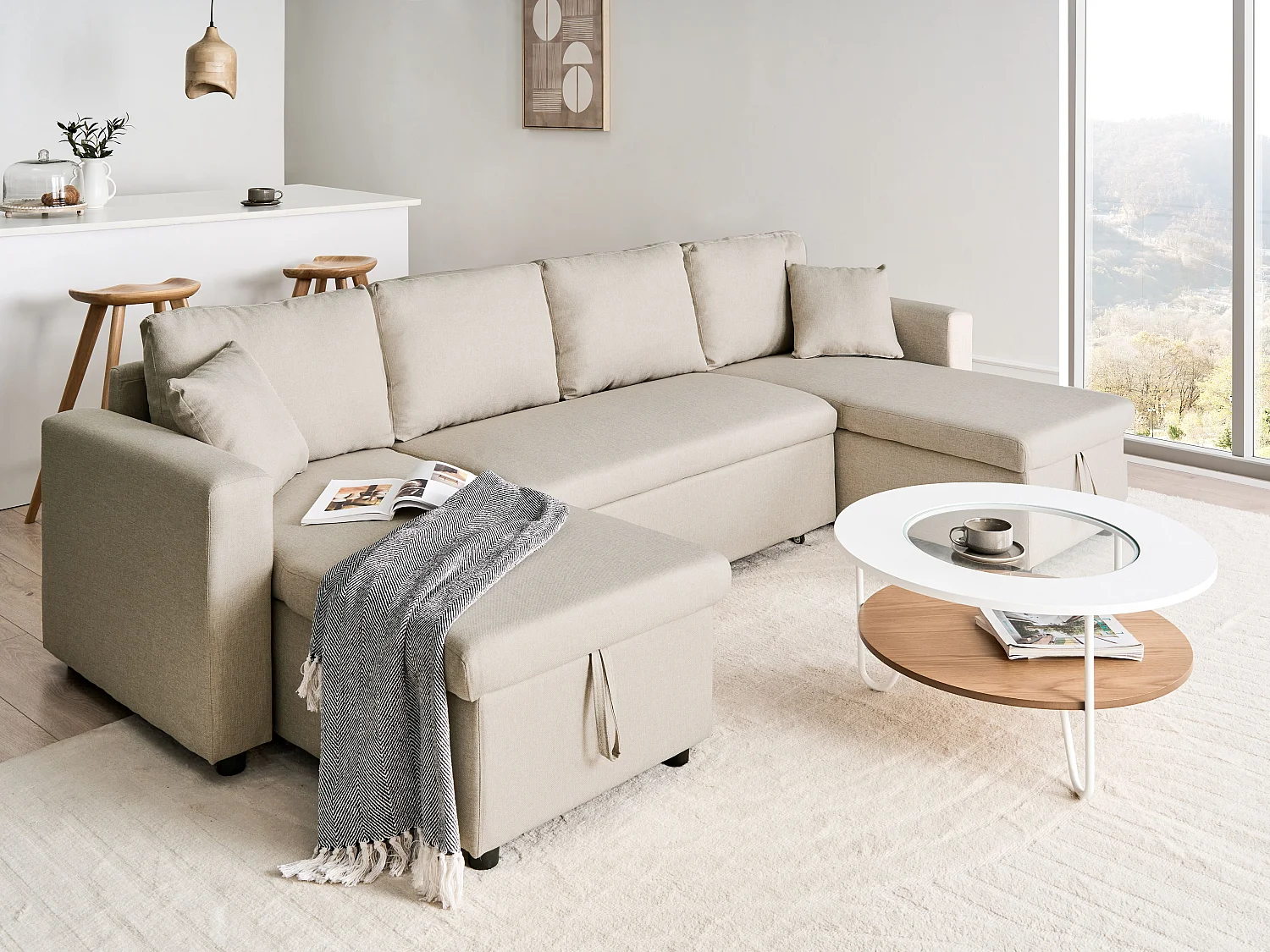 Sofá-cama em U SOMMEN Tecido Creme claro com arrumação 5 lugares