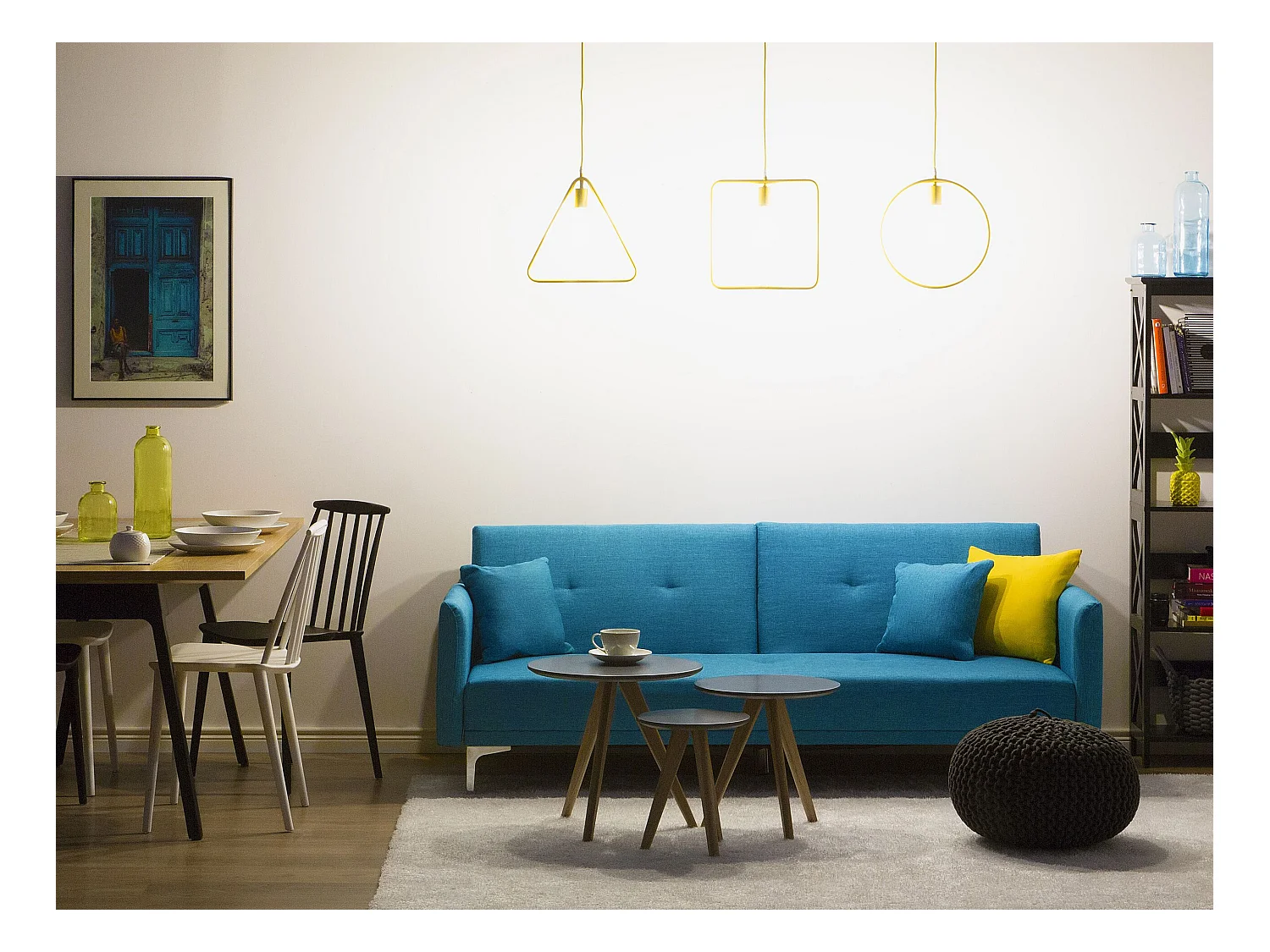 3-Sitzer Schlafsofa Stoff blau gesteppt mit Metallbeinen silber 2 Kissen Lucan