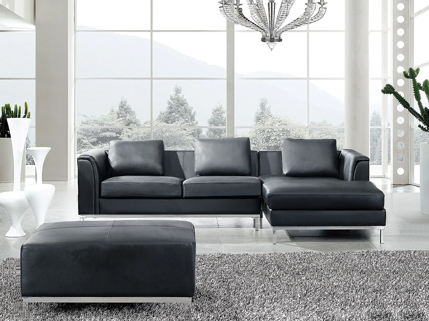Canapé d'angle OSLO Cuir Noir avec ottoman 5 places Côté gauche