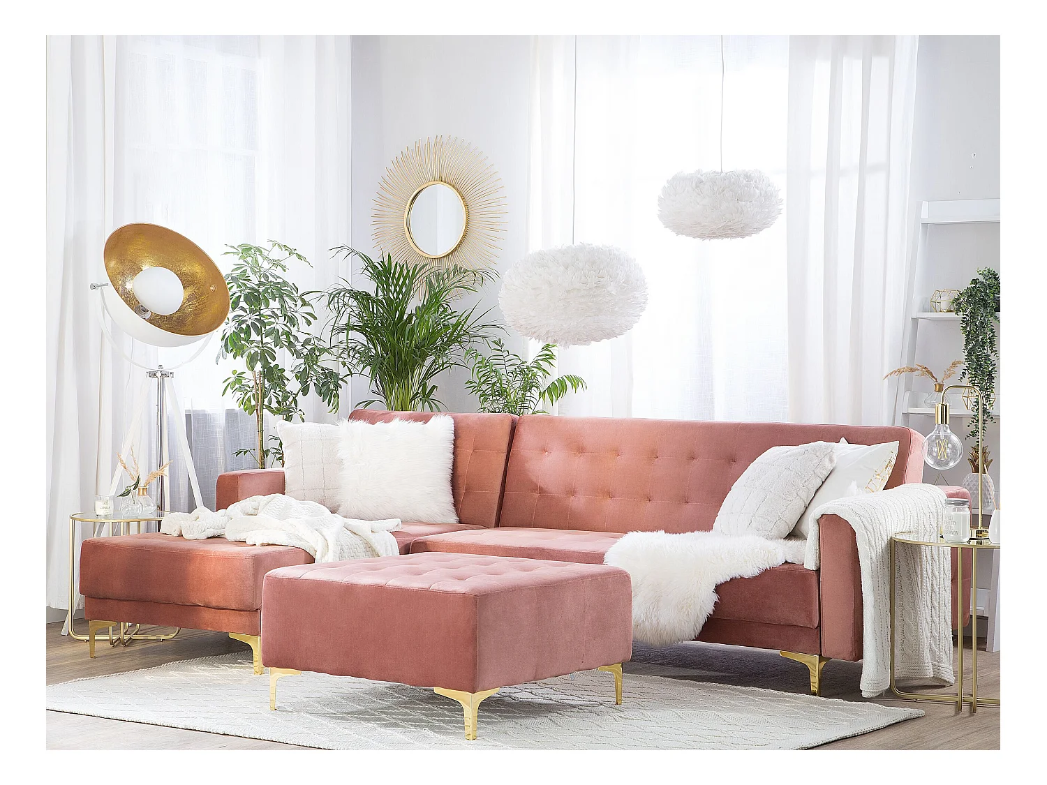 Canapé-lit d'angle modulable 4 places ABERDEEN Velours Rose avec ottoman Côté droit