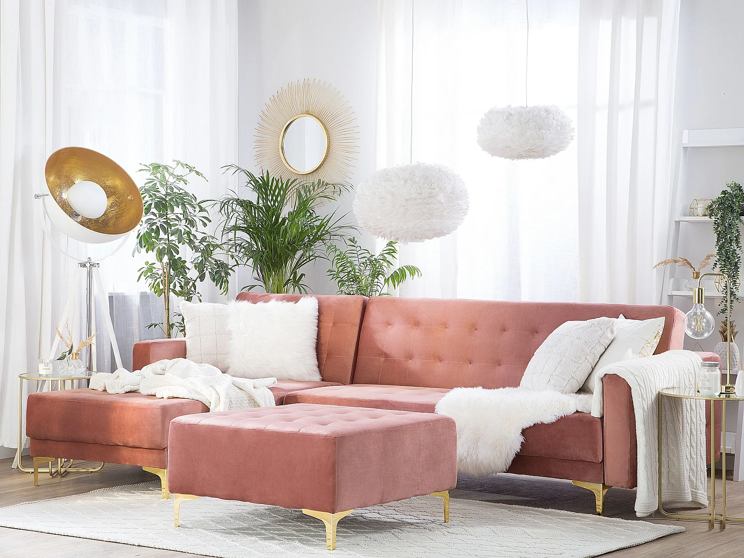 Sofá-cama de canto modular ABERDEEN Veludo Rosa com repousa-pés 4 lugares à direita