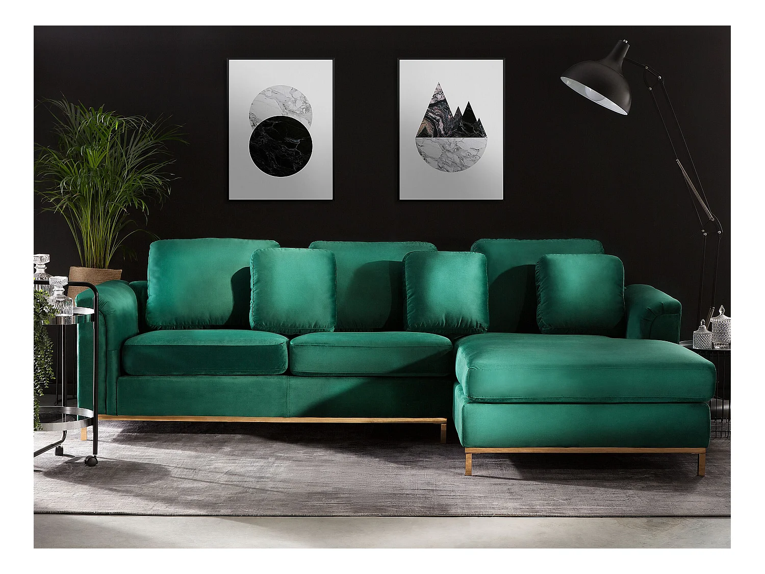 Ecksofa OSLO Samtstoff Dunkelgrün 4-Sitzer linksseitig