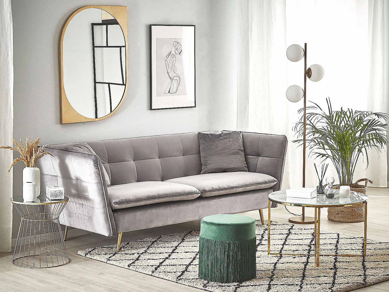 3-Sitzer Sofa Samtstoff grau mit 2 Dekokissen Metallbeine Glamour Look Frederica