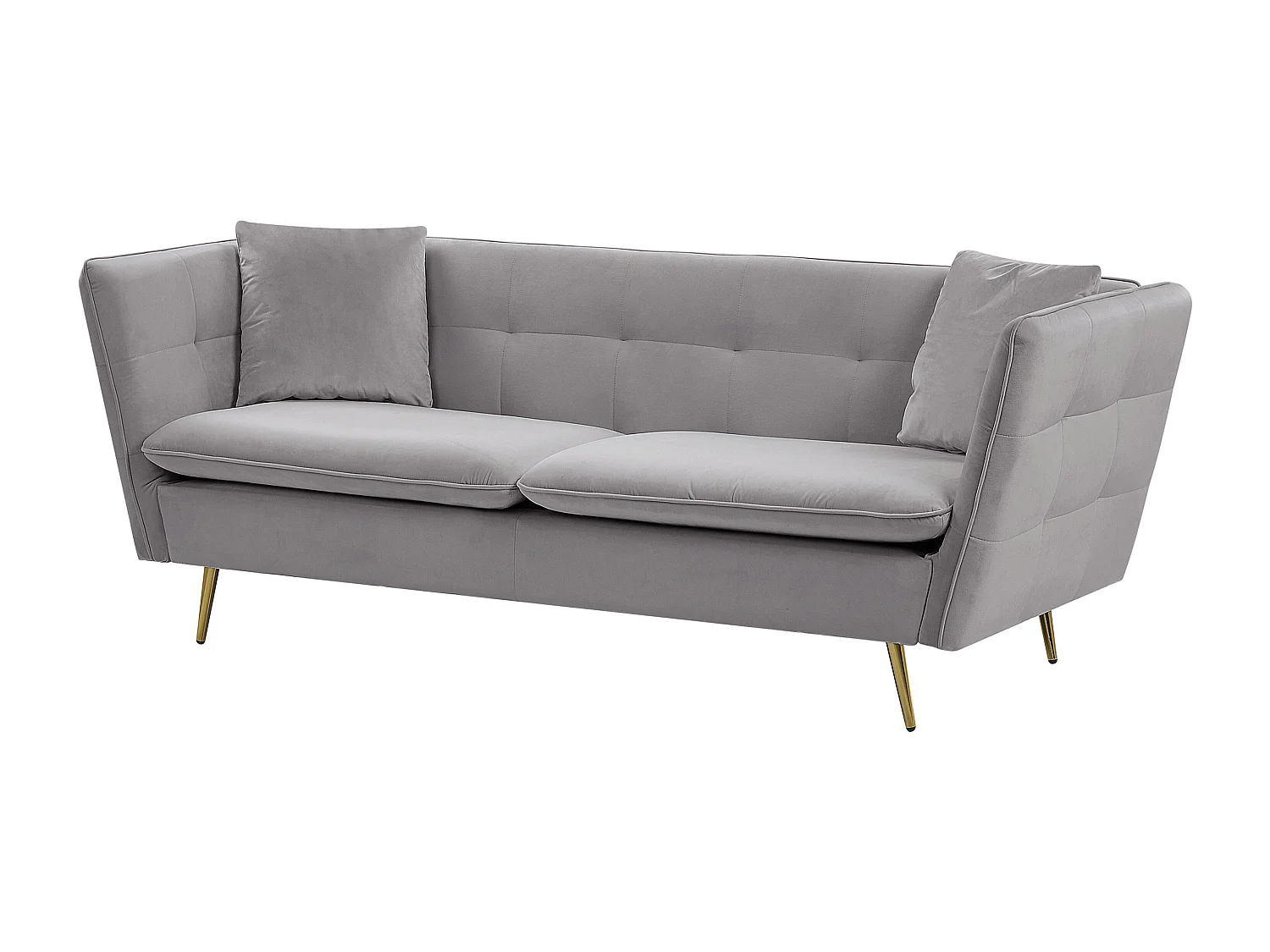 3-Sitzer Sofa Samtstoff grau mit 2 Dekokissen Metallbeine Glamour Look Frederica