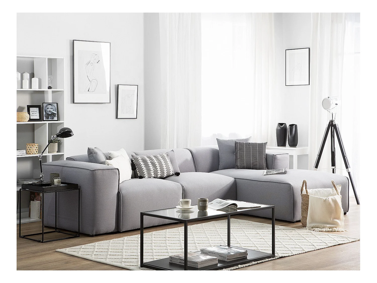 Canapé angle en tissu gris clair 3 places DOLVA