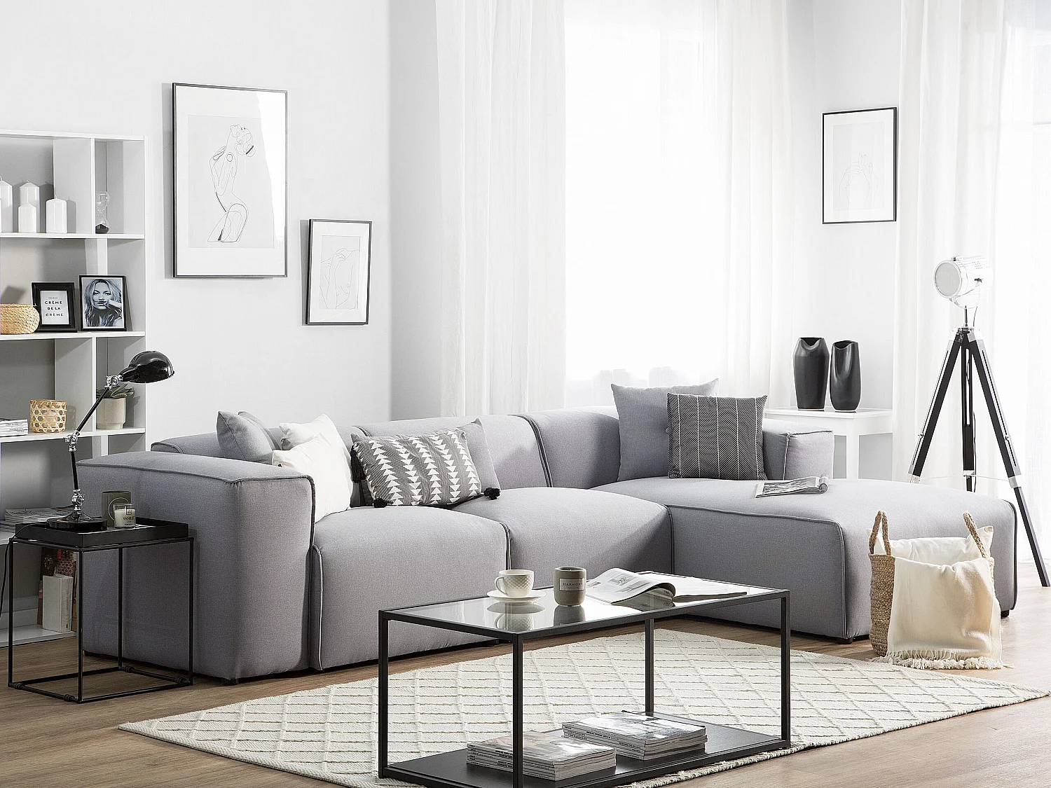Corner Sofa 3 Seater DOLVA Fabric Light Grey Left Hand