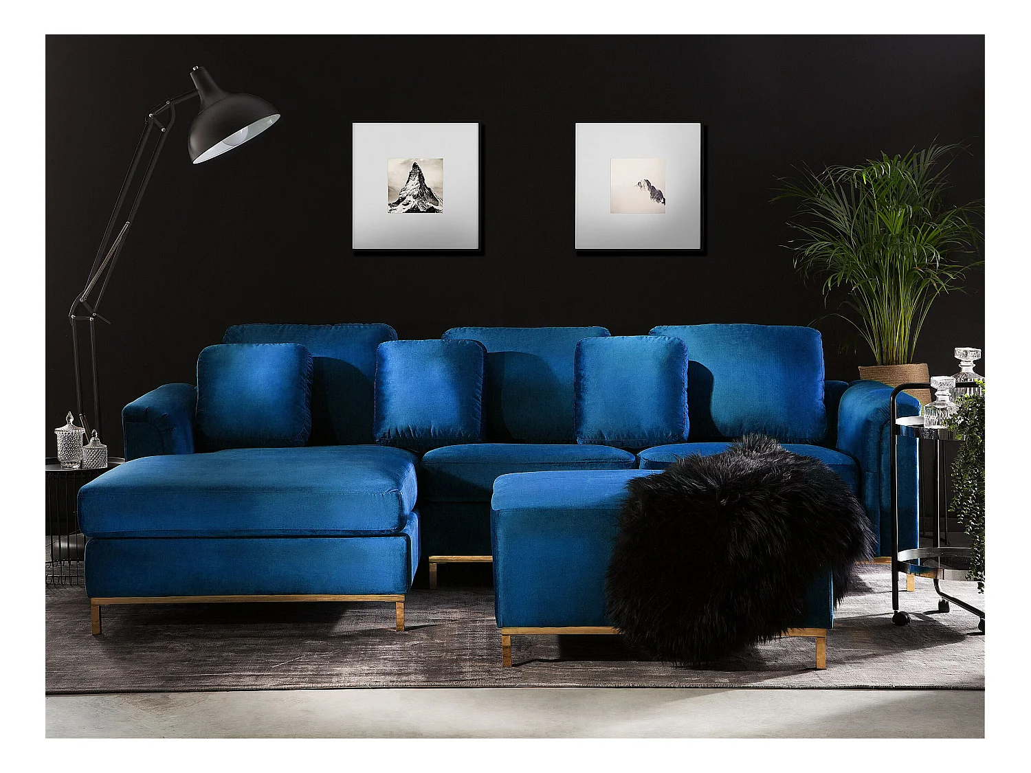 Canapé Angle à gauche en Velours Bleu Foncé et Pouf Ottoman Housses Amovibles Oslo