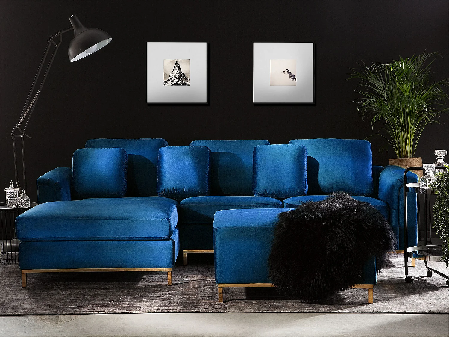 Canapé Angle à gauche en Velours Bleu Foncé et Pouf Ottoman Housses Amovibles Oslo